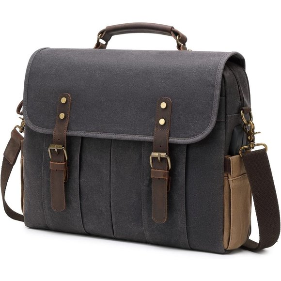Men's Dark Grey Genuine Leather Canvas Water Resistant Satchel Shoulder Bag - Picture 7 of 13